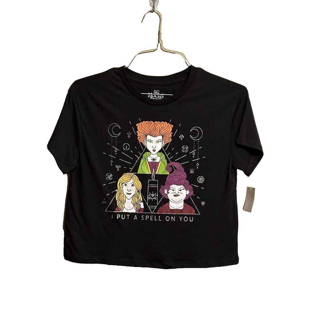 Hocus Pocus Girls XL 14/16 Black Cropped Halloween Witch T-Shirt Top Disney NEW
